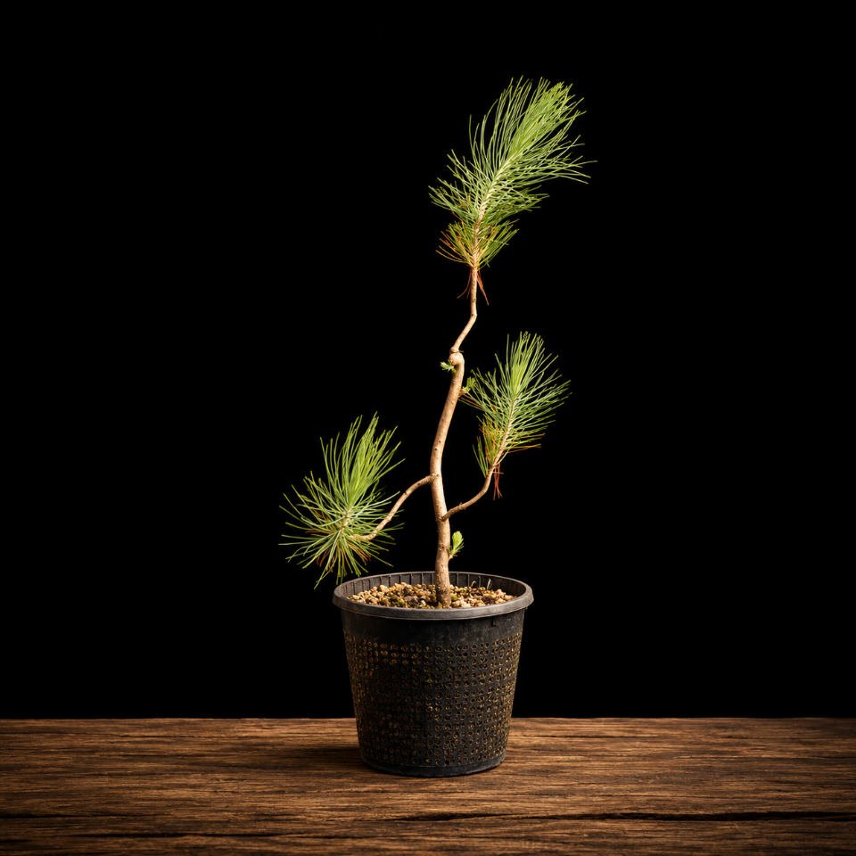 plantón pinus canariensi (pino canario) Vista lateral de plantón Pino Canario 41 cm, movimiento natural del tronco en S, ramificación en múltiples planos, bonsái exterior