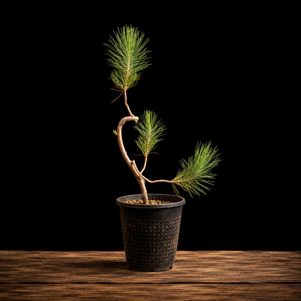 plantón pinus canariensi (pino canario) Detalle de tronco con curva natural y bifurcación baja de plantón Pinus canariensis, material formación bonsái principiantes y avanzados
