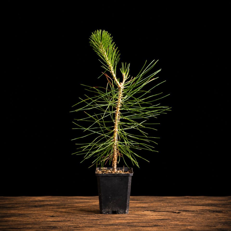 pinus thunbergii (pino negro japonés) Bonsái principiante Pinus thunbergii sobre mesa de madera, fondo negro, estilo moyogi
