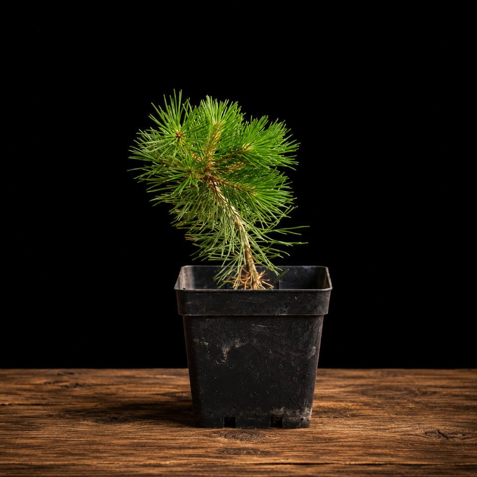 pinus thunbergii (pino negro japonés) Joven Pino Negro Japonés con inclinación natural para bonsái estilo cascada, fondo negro artístico
