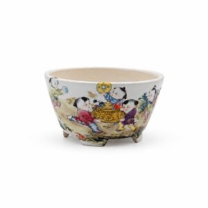 Maceta Yixing redonda esmaltada para bonsái con decoración figurativa multicolor