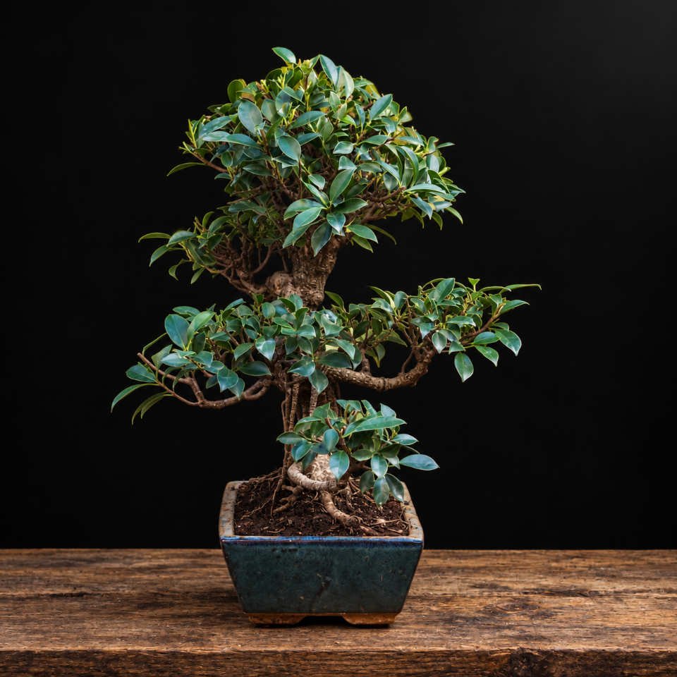 Bonsái Ficus retusa vista lateral con copa compacta y raíces visibles sobre el tronco Bonsái Ficus retusa - Imagen 2