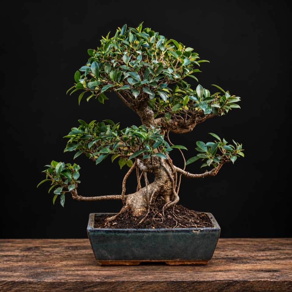 Bonsái Ficus retusa de 50 cm con estructura ramificada y base de raíces desarrollada Bonsái Ficus retusa